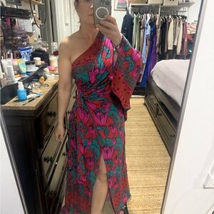 Free People One-Shoulder Dress in Pink and Green